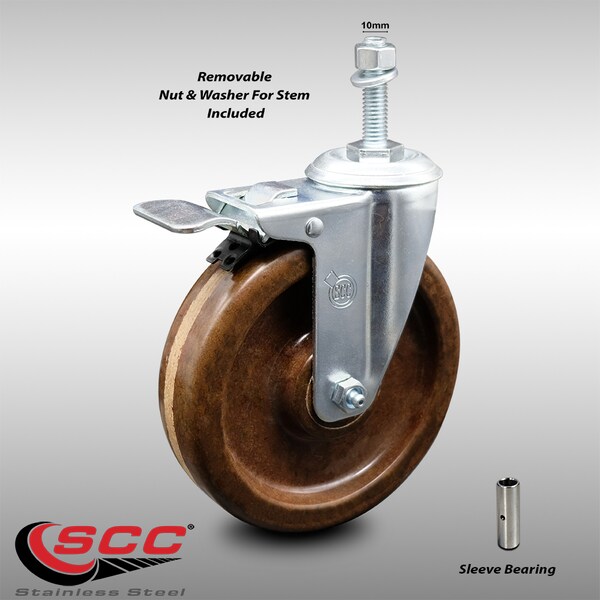 5 Inch SS High Temp Phenolic 10mm Threaded Stem Caster with Total Lock Brake